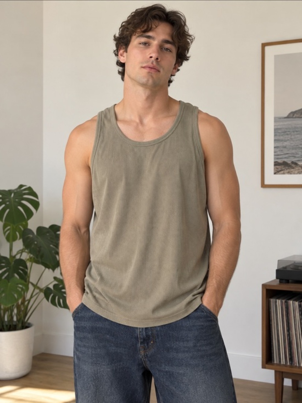 Vintage Y2K Old Navy Brown cream Olive Ribbed Cotton Tank Top XL NWT